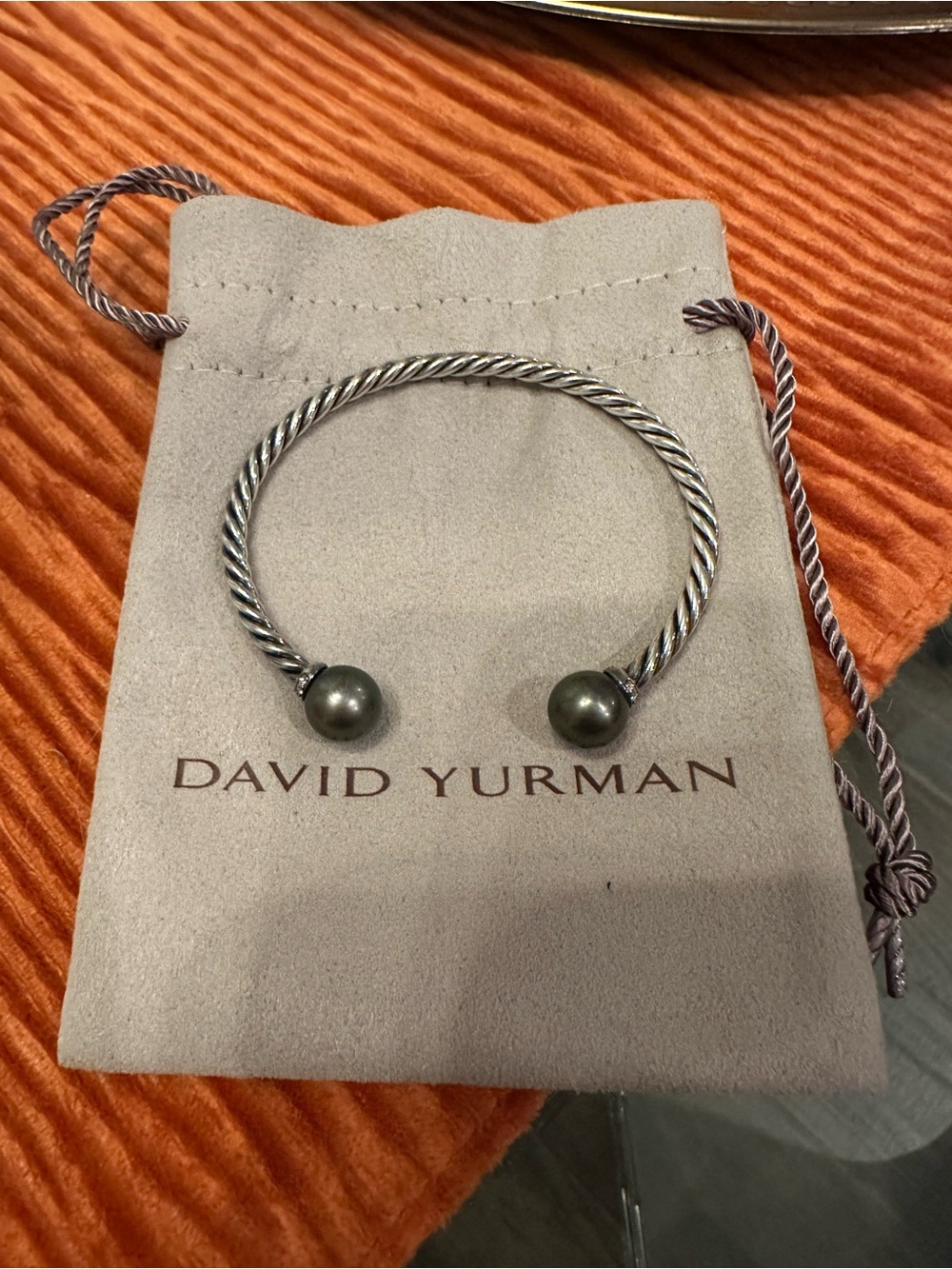 David Yurman Sterling Silver Cable Open Cuff with Dark Pearl Ends